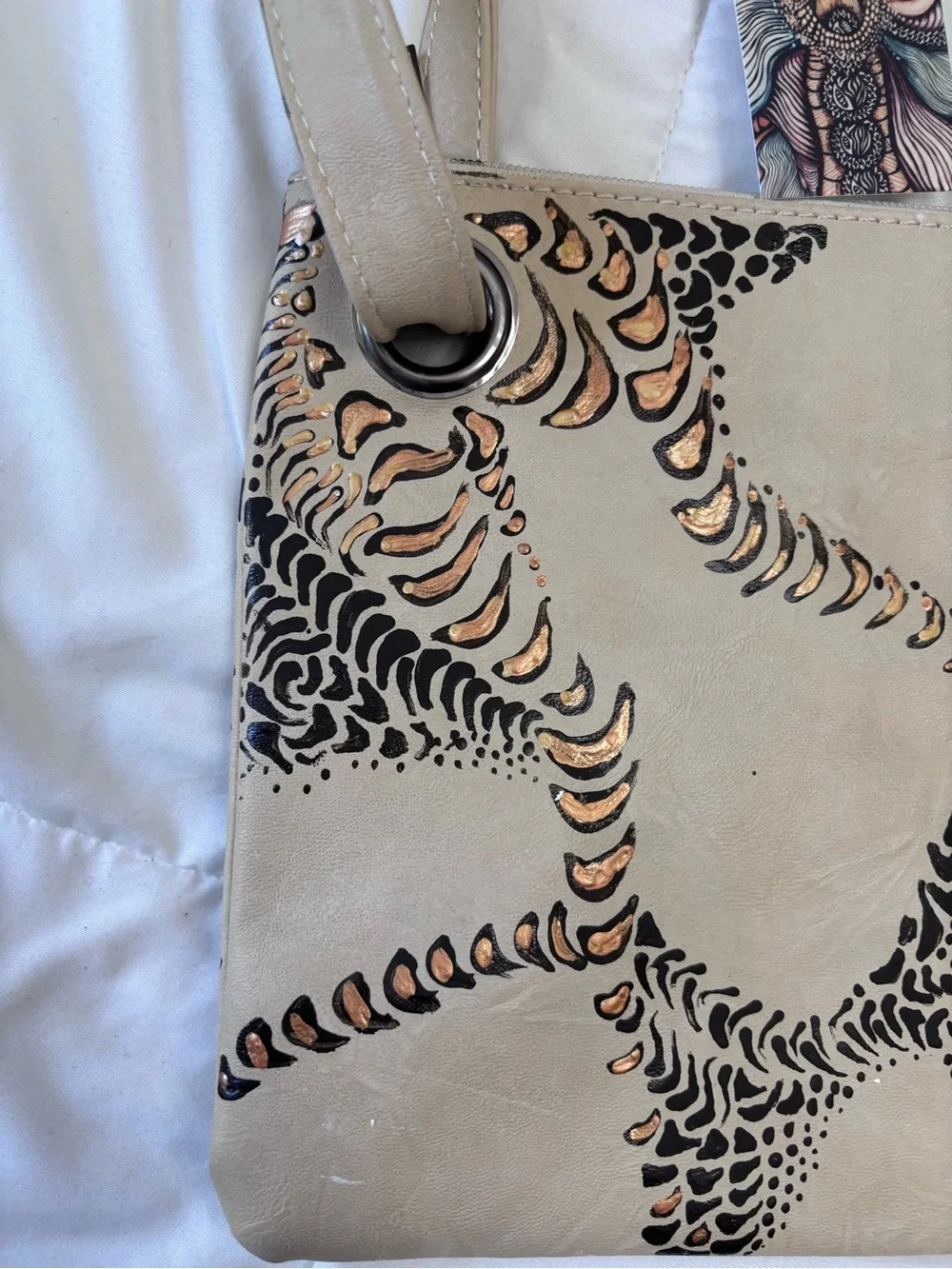 Wristlet Clutch in Taupe with Black and Metallic Accents. Hand painted